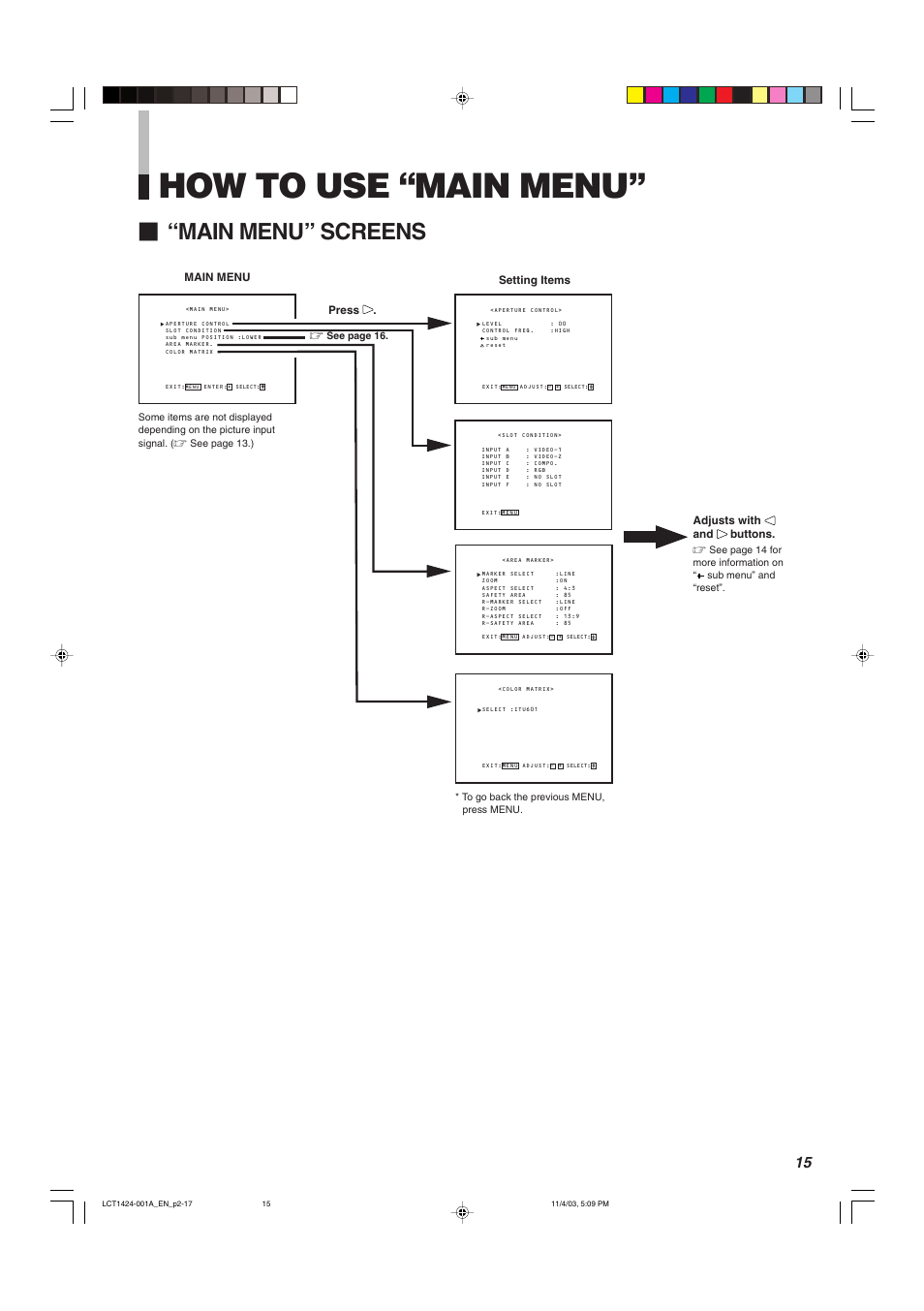 How to use “main menu, Main menu” screens | JVC DT-V1910CG User Manual | Page 15 / 228