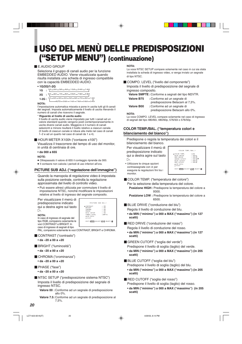 Uso del menù delle predisposizioni (“setup menu”), Continuazione) | JVC DT-V1910CG User Manual | Page 150 / 228