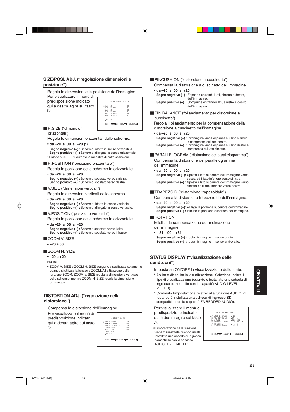 Italiano, Distortion adj. (“regolazione della distorsione”) | JVC DT-V1910CG User Manual | Page 151 / 228