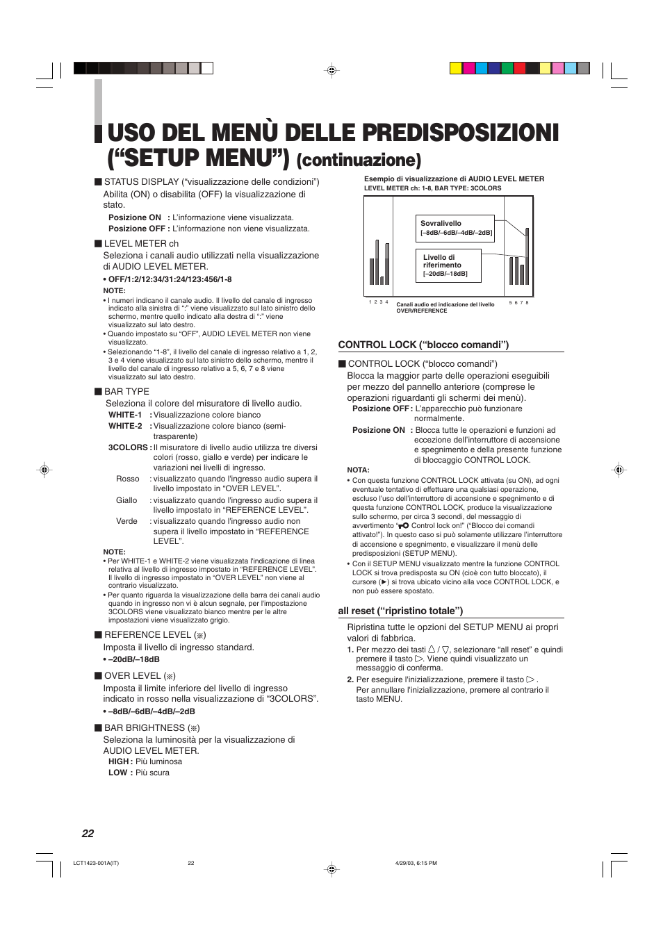 Uso del menù delle predisposizioni (“setup menu”), Continuazione) | JVC DT-V1910CG User Manual | Page 152 / 228