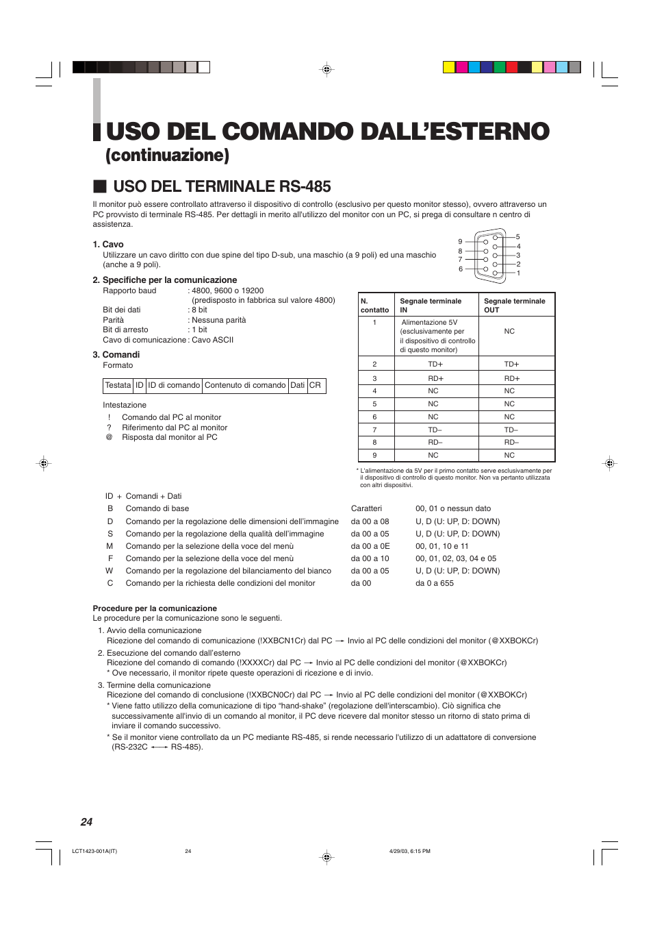 Uso del comando dall’esterno, Continuazione), Uso del terminale rs-485 | JVC DT-V1910CG User Manual | Page 154 / 228