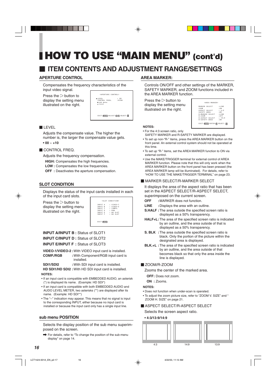 How to use “main menu, Cont'd), Item contents and adjustment range/settings | Area marker, Aperture control, Sub menu position, Slot condition | JVC DT-V1910CG User Manual | Page 16 / 228