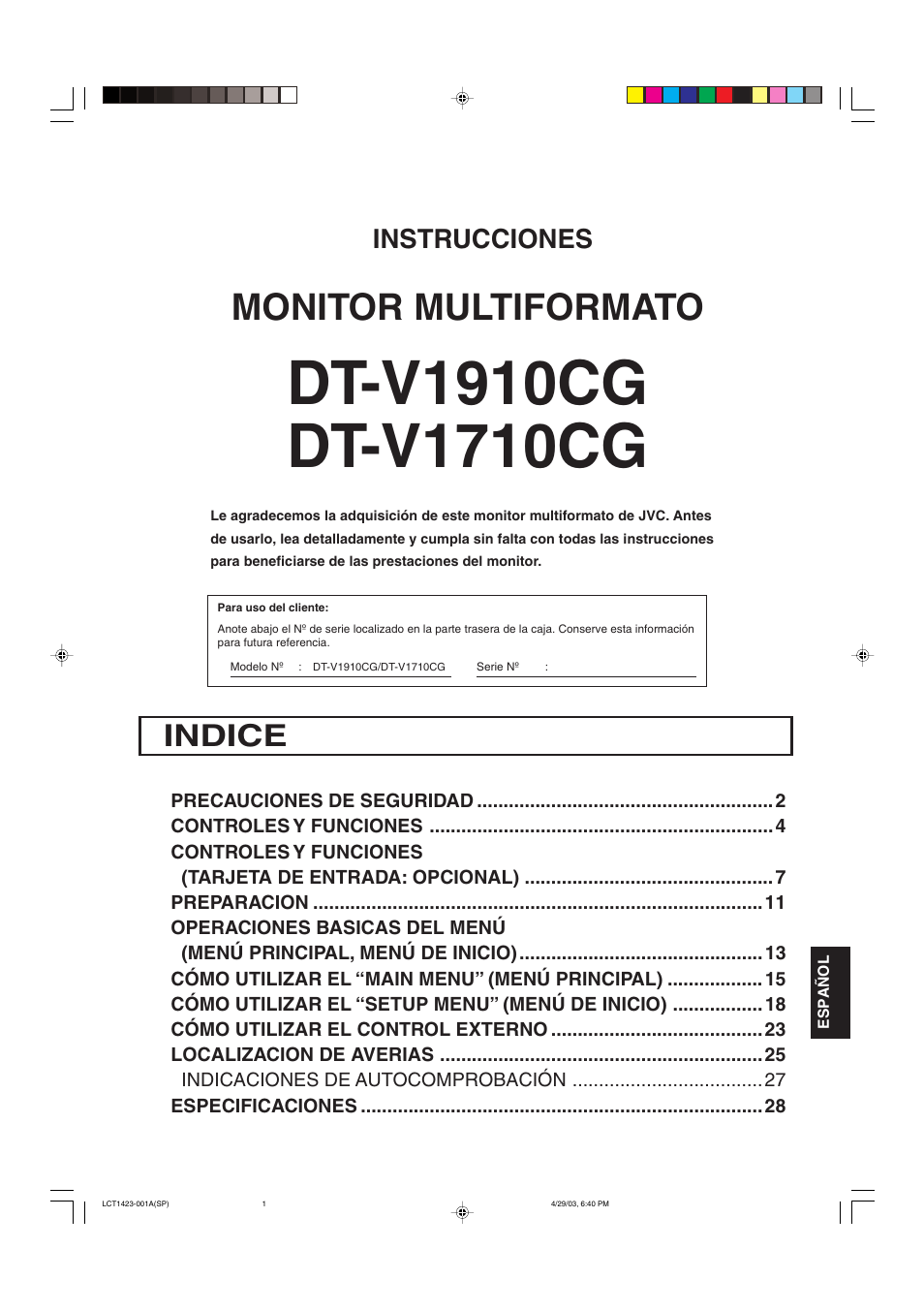 Instrucciones, Indice, Monitor multiformato | JVC DT-V1910CG User Manual | Page 163 / 228