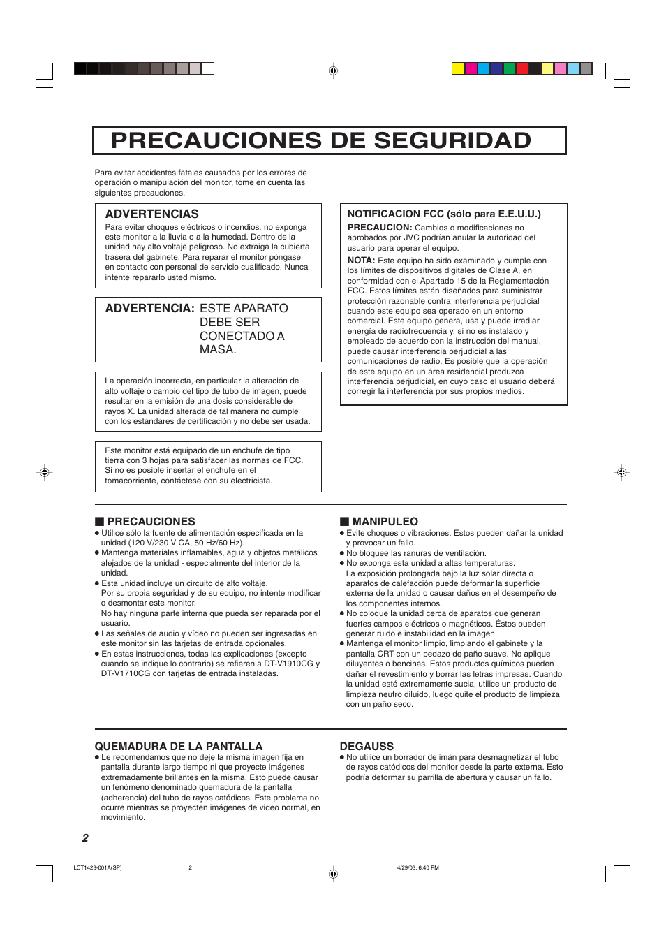 Precauciones de seguridad, Advertencias | JVC DT-V1910CG User Manual | Page 164 / 228