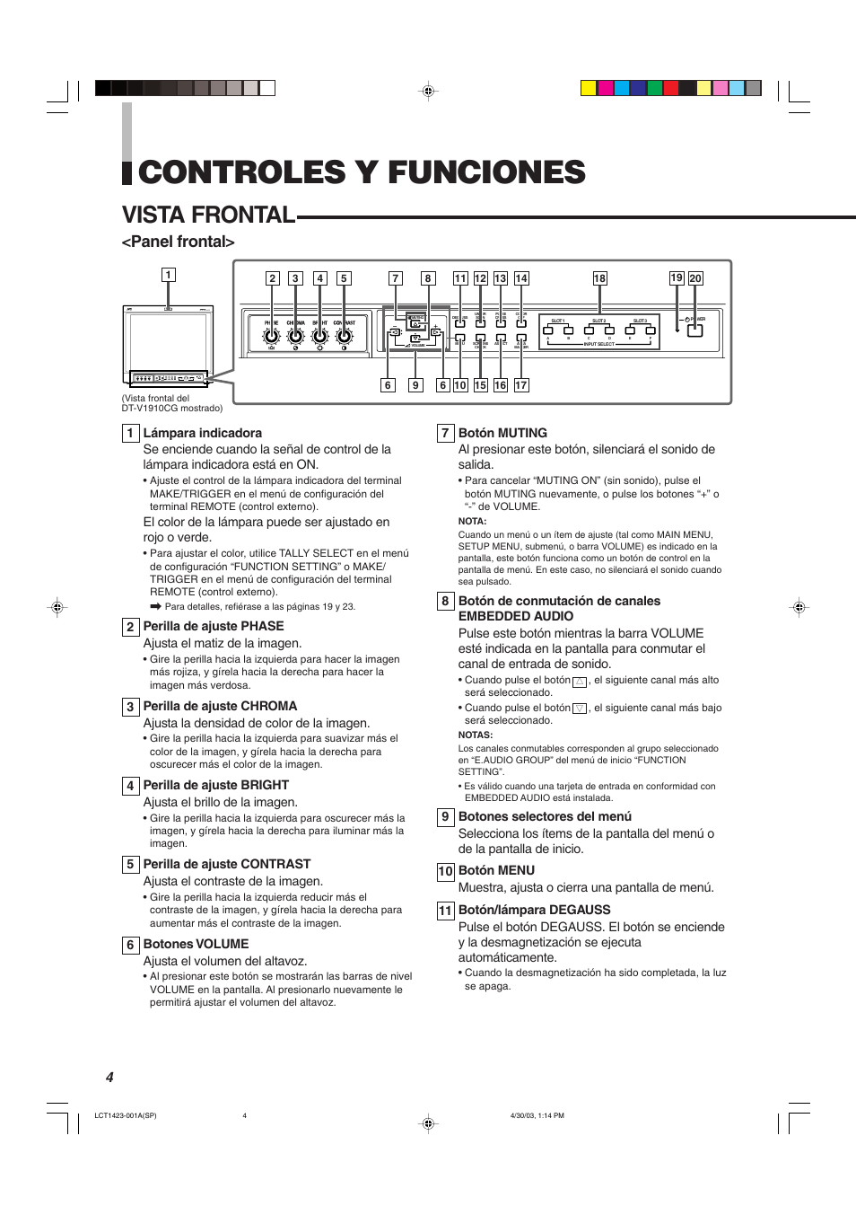 Controles y funciones, Vista frontal, Panel frontal | JVC DT-V1910CG User Manual | Page 166 / 228