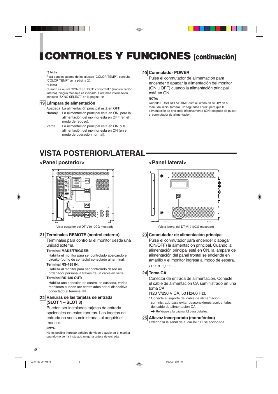 Controles y funciones, Vista posterior/lateral, Continuación) | Panel posterior, Panel lateral | JVC DT-V1910CG User Manual | Page 168 / 228