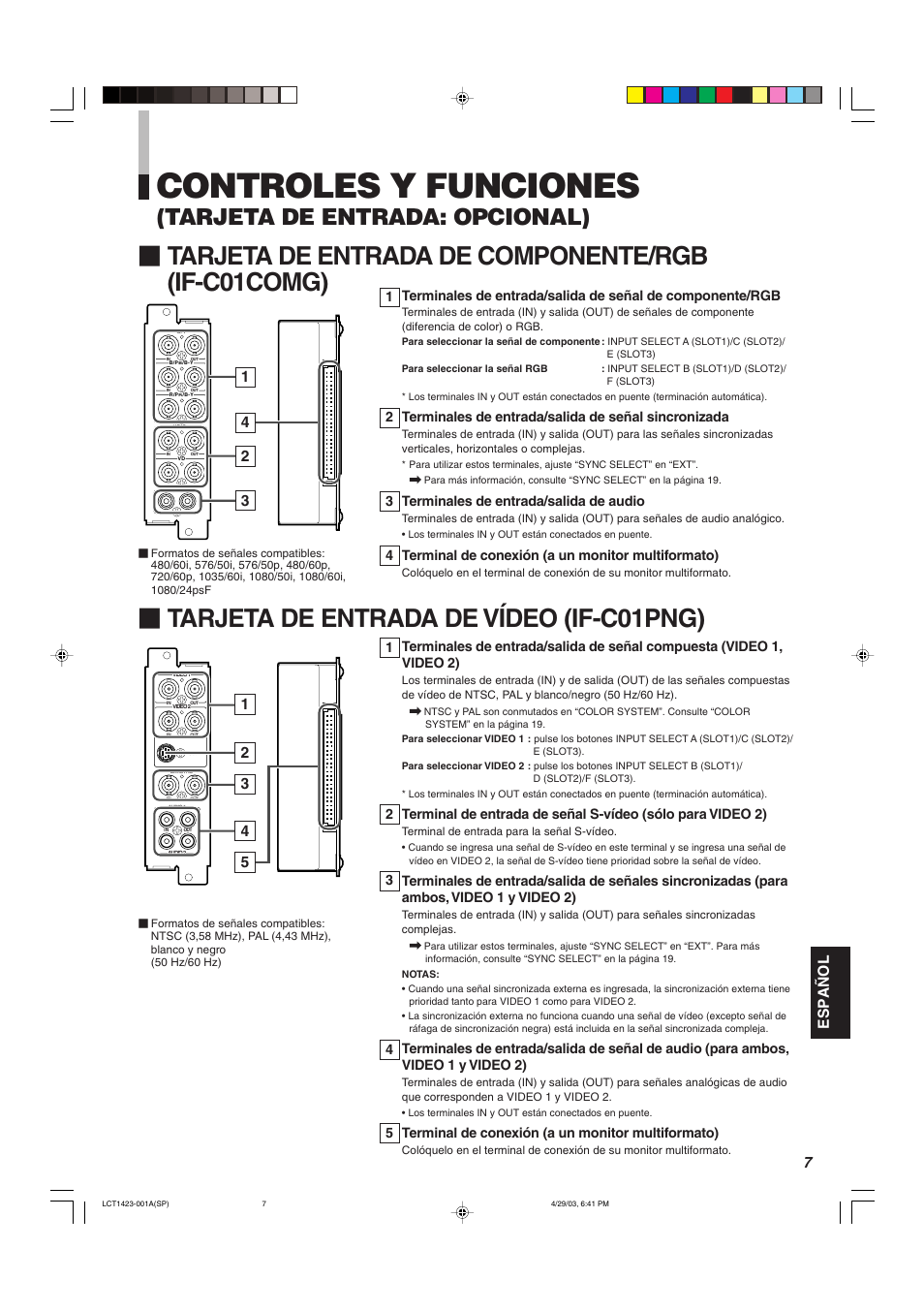 Controles y funciones, Tarjeta de entrada de componente/rgb (if-c01comg), Tarjeta de entrada de vídeo (if-c01png) | Tarjeta de entrada: opcional), Espa ñ ol, Terminales de entrada/salida de señal sincronizada, Terminales de entrada/salida de audio, Terminal de conexión (a un monitor multiformato) | JVC DT-V1910CG User Manual | Page 169 / 228