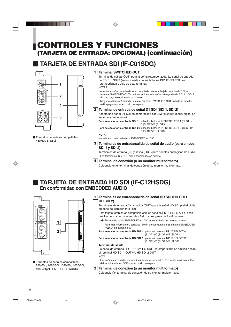 Controles y funciones, Tarjeta de entrada hd sdi (if-c12hsdg), Continuación) Ⅵ tarjeta de entrada sdi (if-c01sdg) | Tarjeta de entrada: opcional), En conformidad con embedded audio | JVC DT-V1910CG User Manual | Page 170 / 228