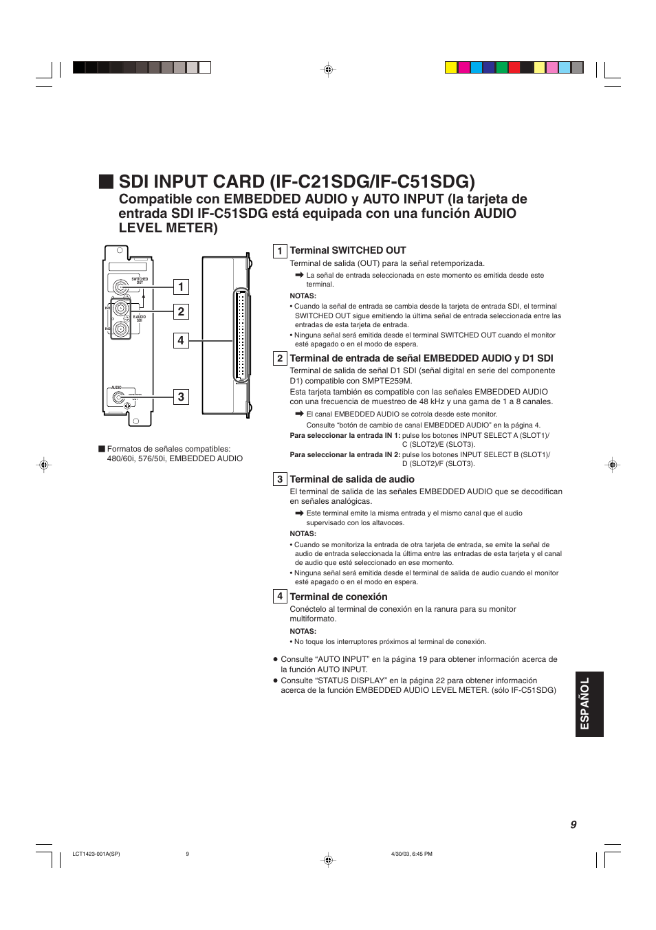 Sdi input card (if-c21sdg/if-c51sdg), Español | JVC DT-V1910CG User Manual | Page 171 / 228