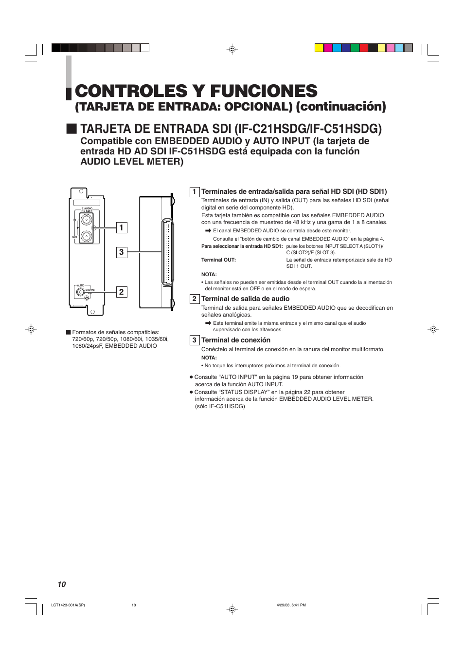 Controles y funciones, Tarjeta de entrada sdi (if-c21hsdg/if-c51hsdg), Continuación) | Tarjeta de entrada: opcional) | JVC DT-V1910CG User Manual | Page 172 / 228