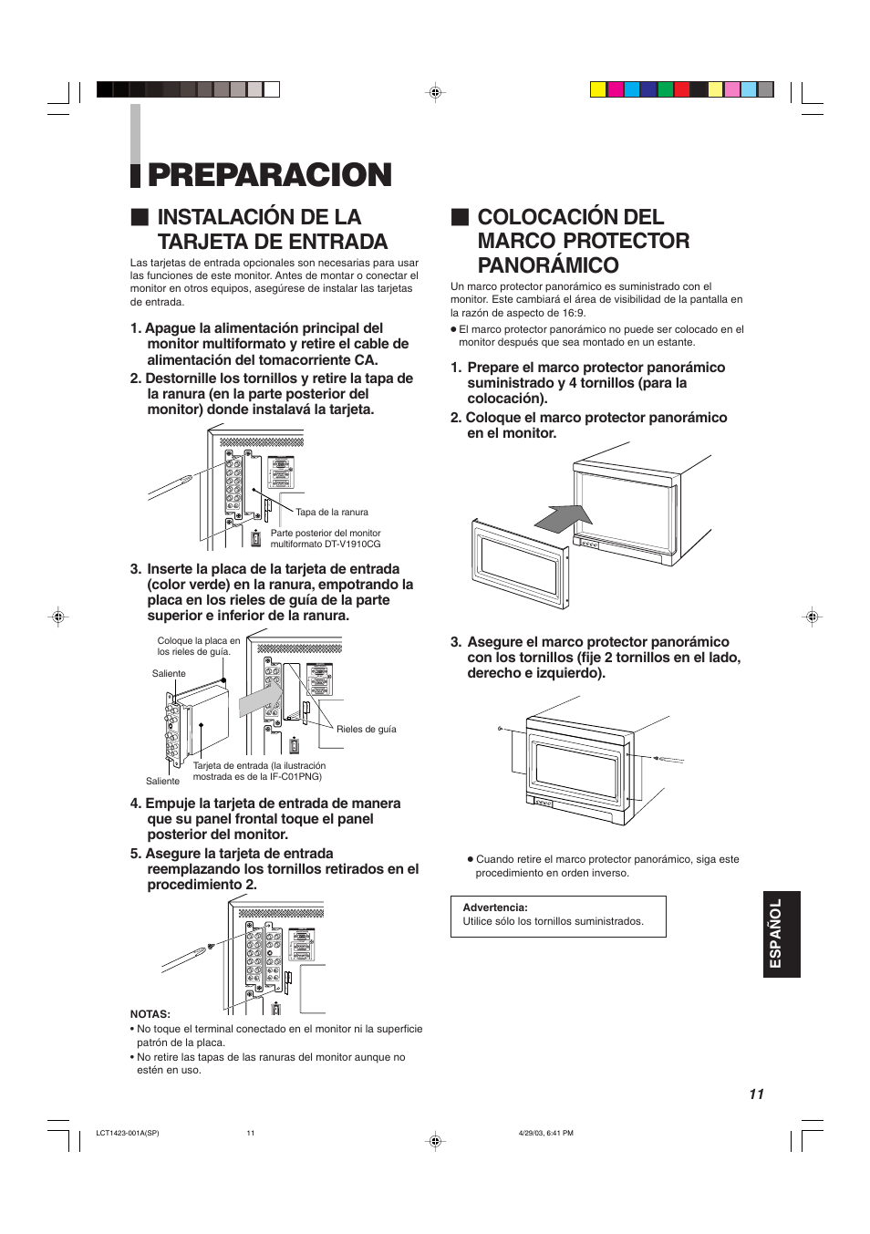 Preparacion, Instalación de la tarjeta de entrada, Colocación del marco protector panorámico | JVC DT-V1910CG User Manual | Page 173 / 228