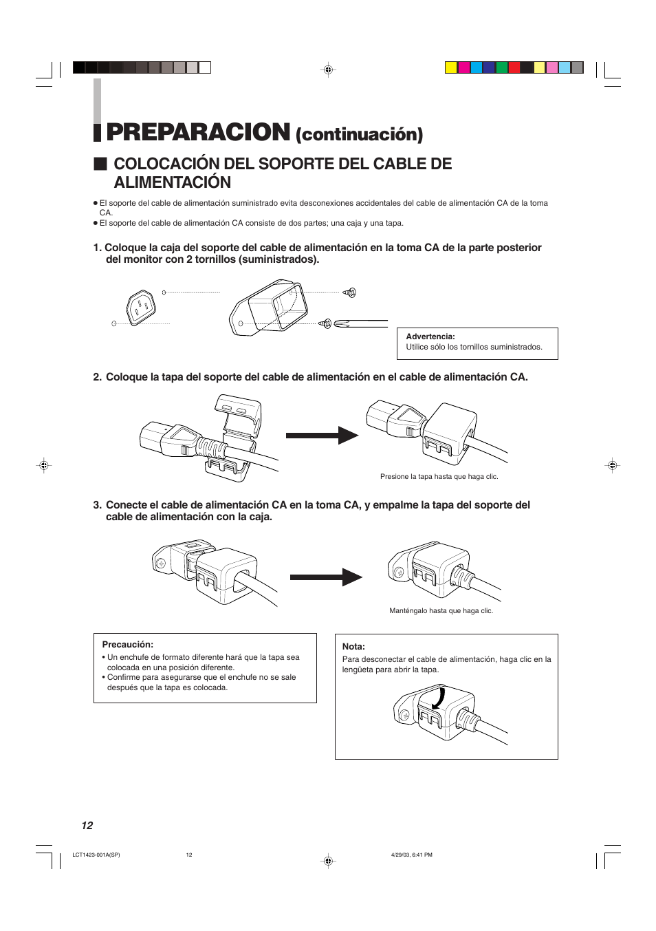 Preparacion, Continuación), Colocación del soporte del cable de alimentación | JVC DT-V1910CG User Manual | Page 174 / 228