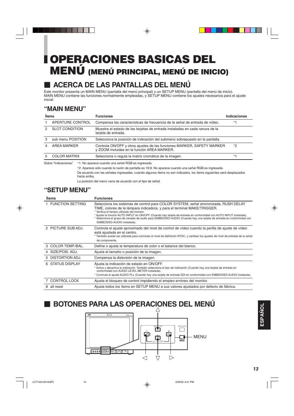 Operaciones basicas del menú, Botones para las operaciones del menú, Main menu | Setup menu | JVC DT-V1910CG User Manual | Page 175 / 228