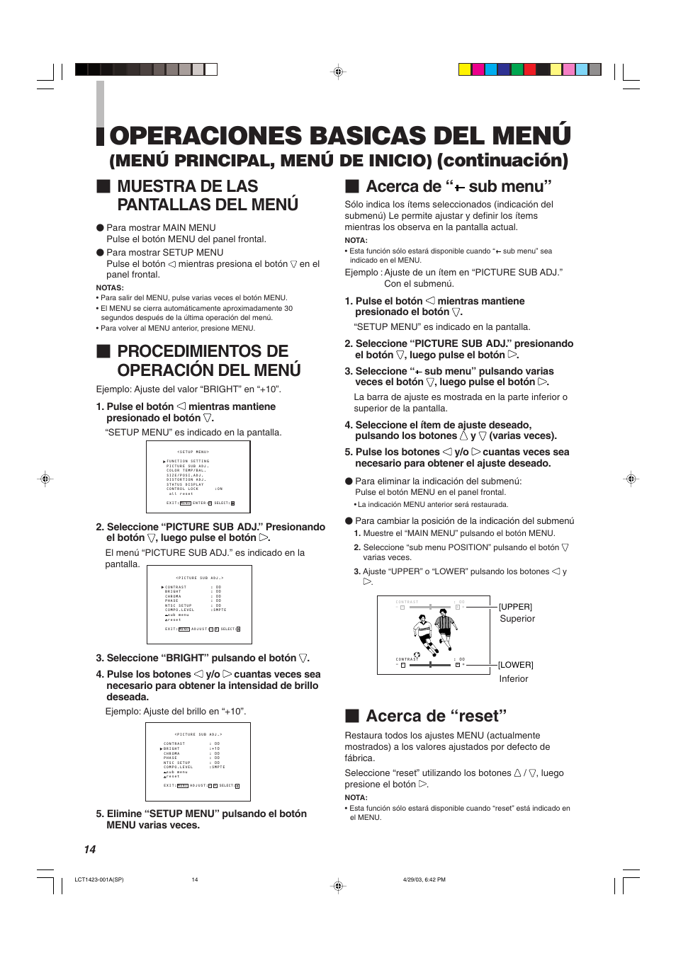 Operaciones basicas del menú, Continuación), Procedimientos de operación del menú | Muestra de las pantallas del menú, Acerca de “ sub menu, Acerca de “reset, Menú principal, menú de inicio) | JVC DT-V1910CG User Manual | Page 176 / 228