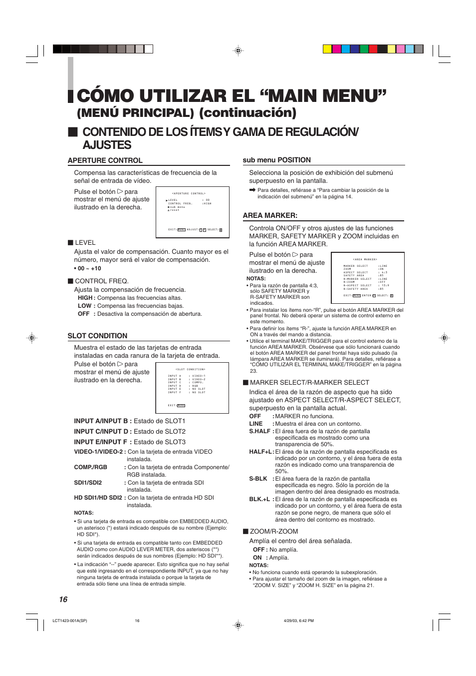 Cómo utilizar el “main menu, Continuación), Menú principal) | Area marker, Aperture control, Slot condition, Sub menu position | JVC DT-V1910CG User Manual | Page 178 / 228