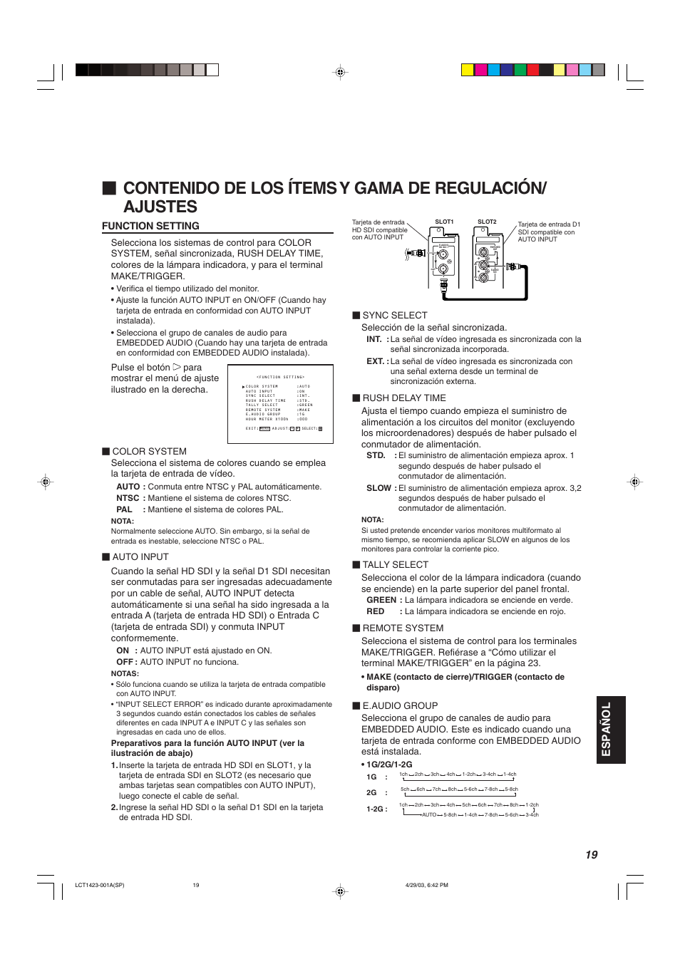 Espa ñ ol, Function setting, Sync select selección de la señal sincronizada | JVC DT-V1910CG User Manual | Page 181 / 228