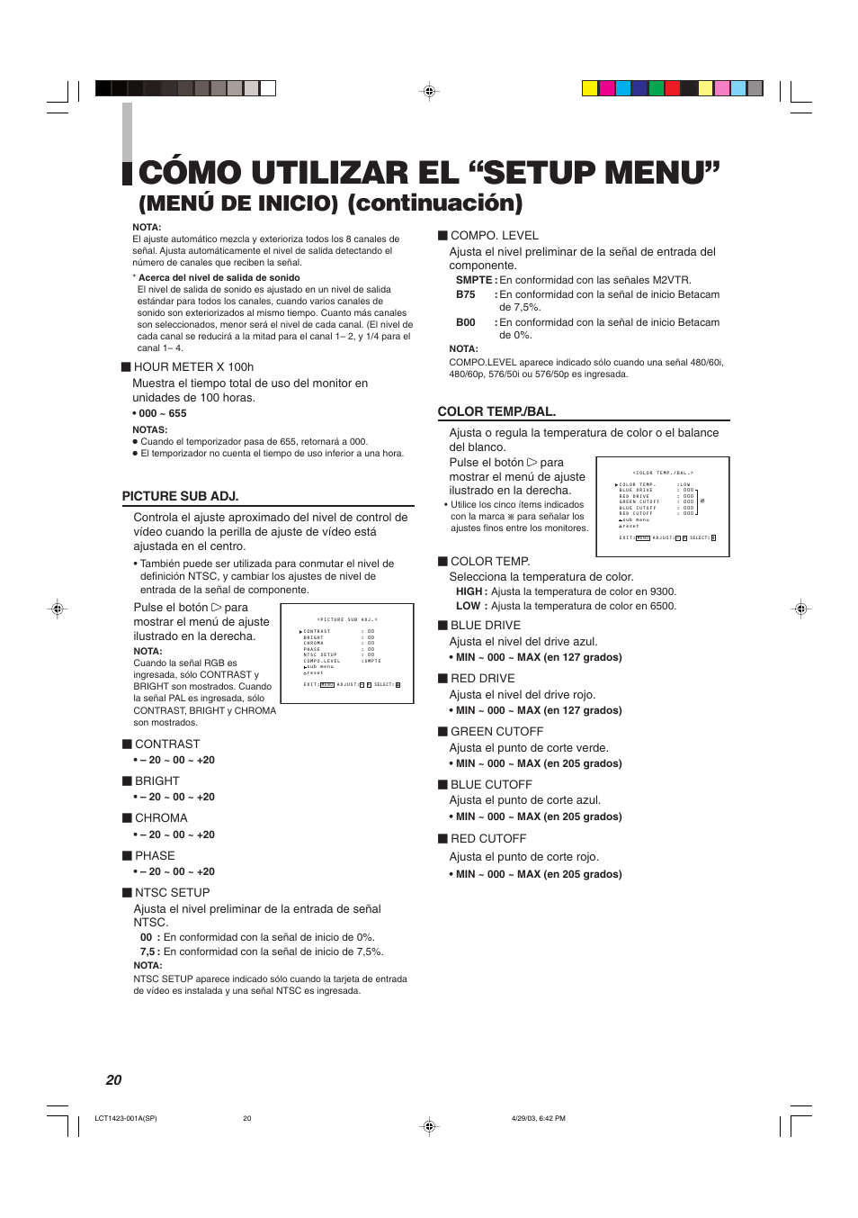 Cómo utilizar el “setup menu, Continuación), Menú de inicio) | JVC DT-V1910CG User Manual | Page 182 / 228