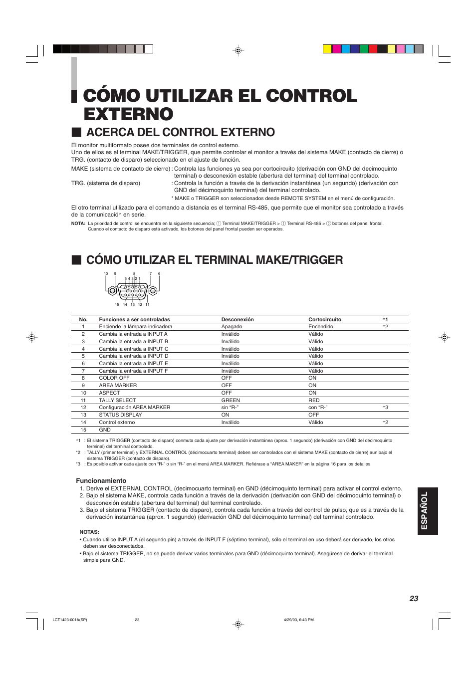 Como utilizar el control externo, Cómo utilizar el control externo, Acerca del control externo | Cómo utilizar el terminal make/trigger, Espa ñ ol | JVC DT-V1910CG User Manual | Page 185 / 228