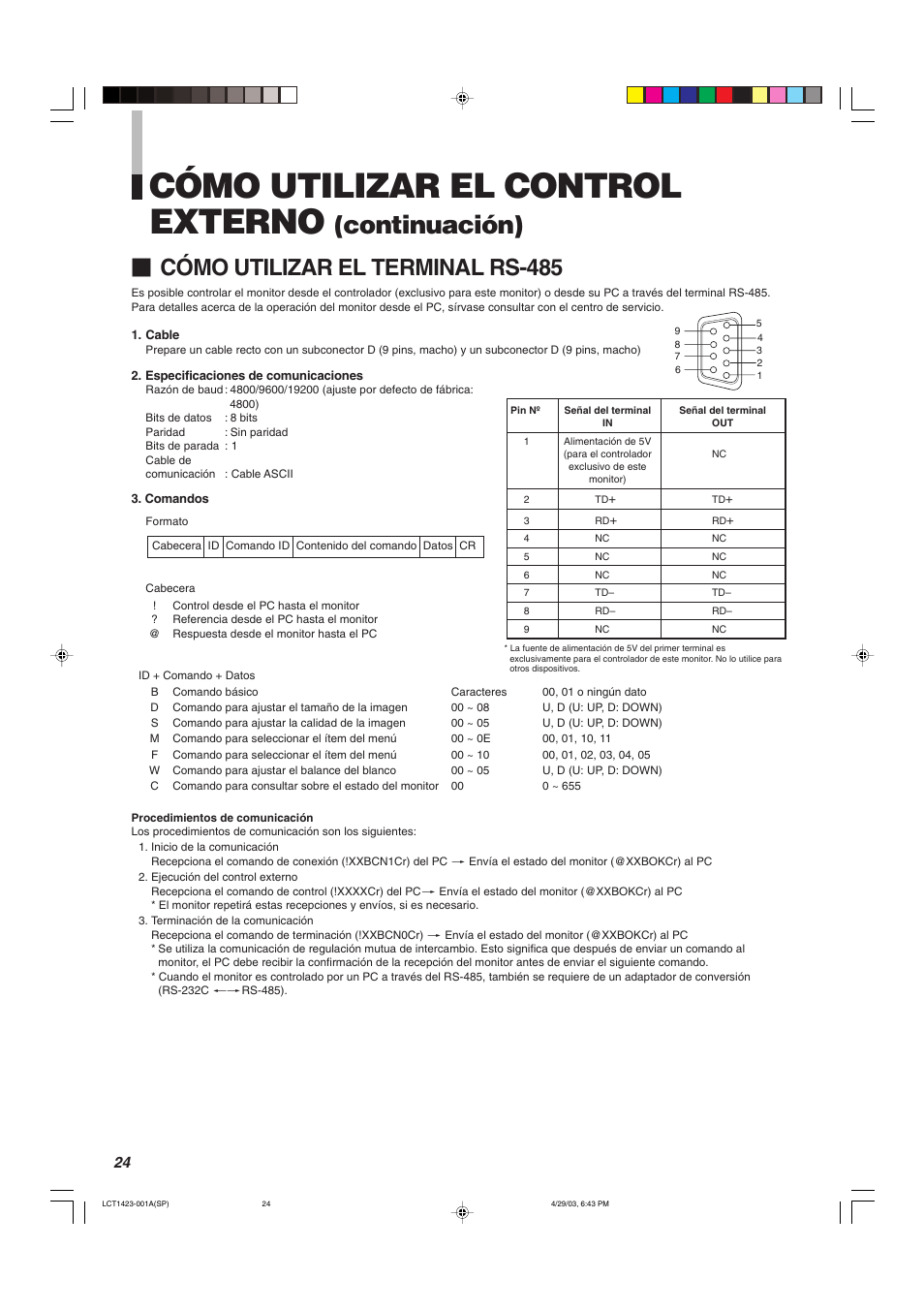 Cómo utilizar el control externo, Continuación), Cómo utilizar el terminal rs-485 | JVC DT-V1910CG User Manual | Page 186 / 228