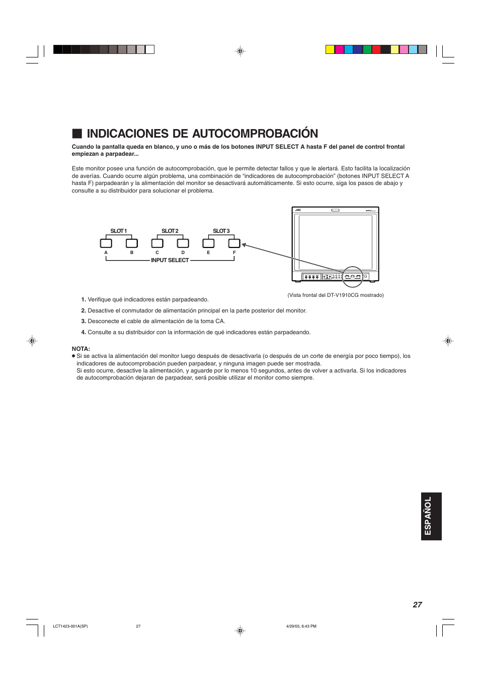 Indicaciones de autocomprobación | JVC DT-V1910CG User Manual | Page 189 / 228