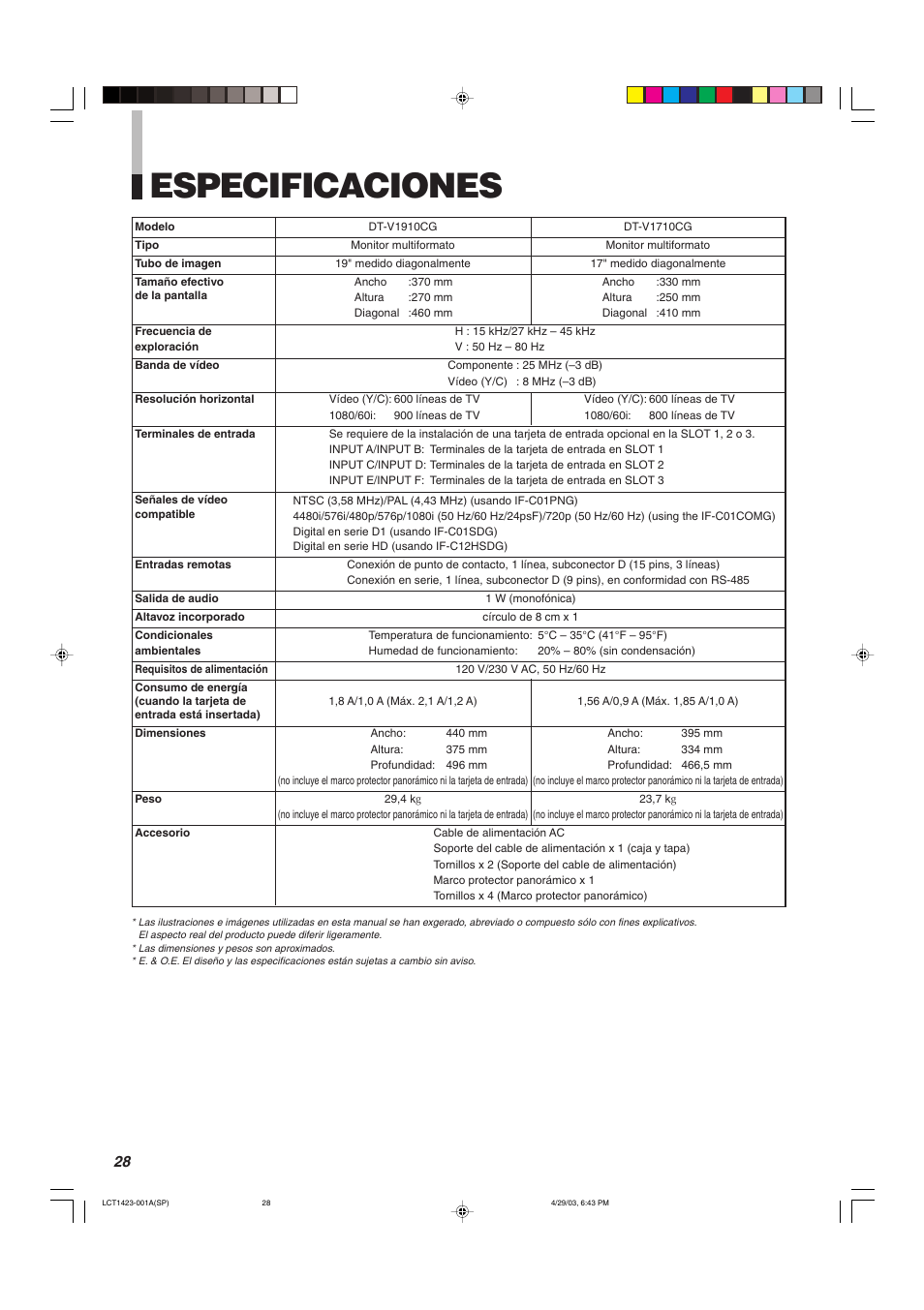 Especificaciones | JVC DT-V1910CG User Manual | Page 190 / 228