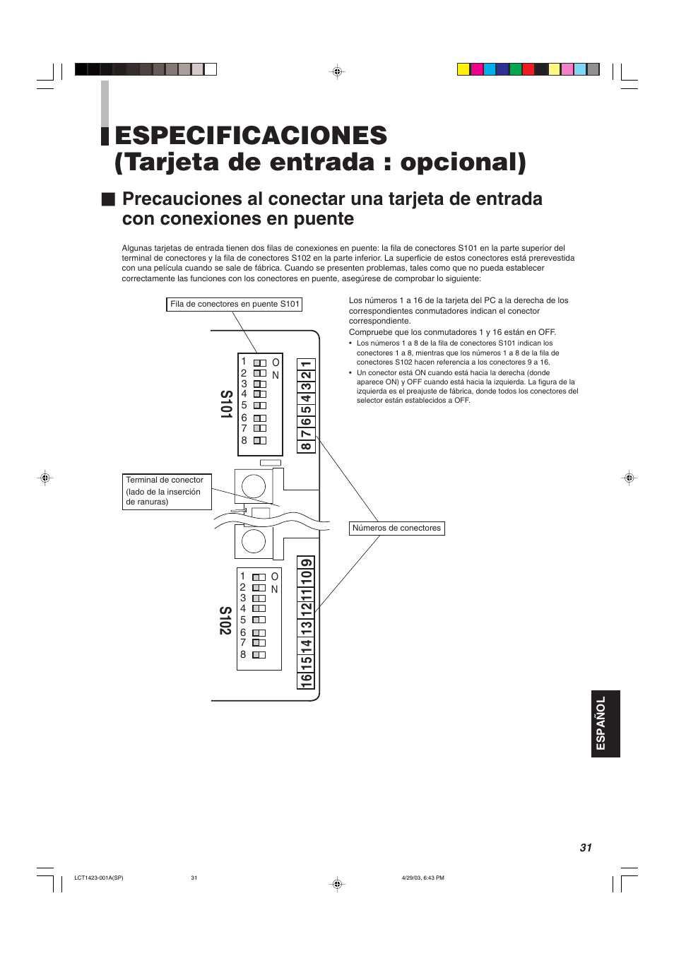 Especificaciones (tarjeta de entrada : opcional) | JVC DT-V1910CG User Manual | Page 193 / 228