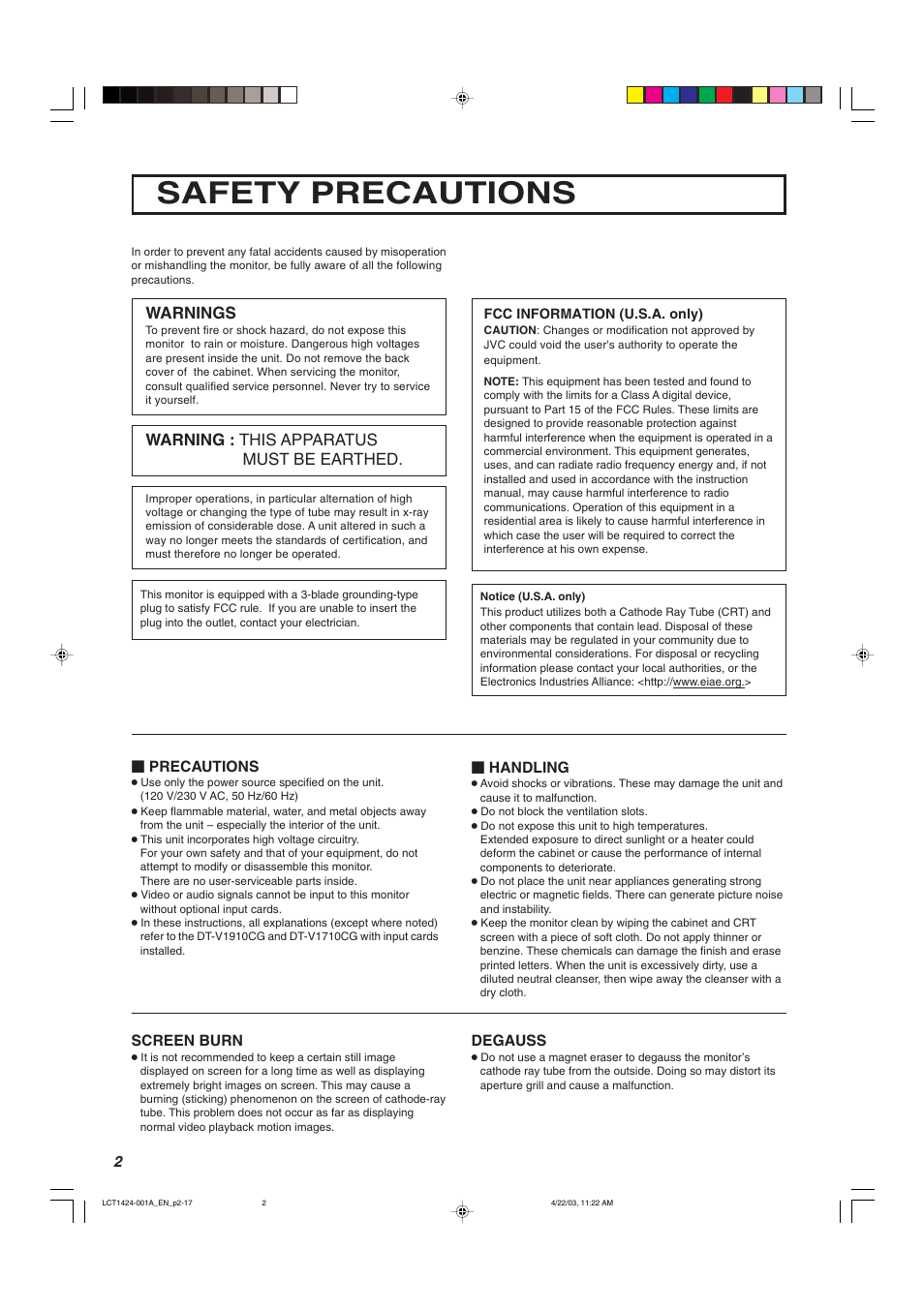 Safety precautions, Warnings, Warning : this apparatus must be earthed | JVC DT-V1910CG User Manual | Page 2 / 228