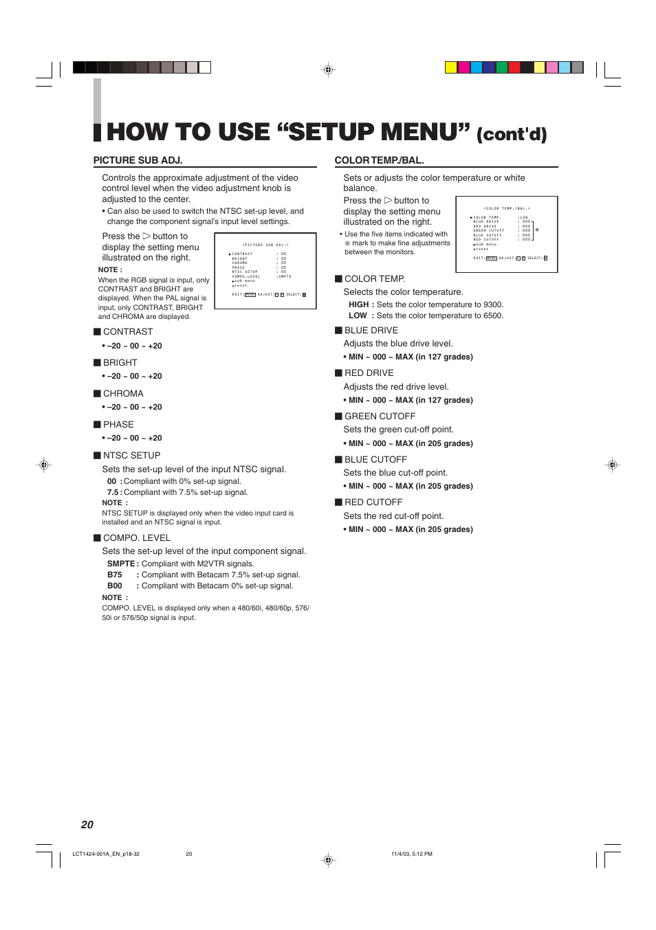 How to use “setup menu, Cont'd) | JVC DT-V1910CG User Manual | Page 20 / 228