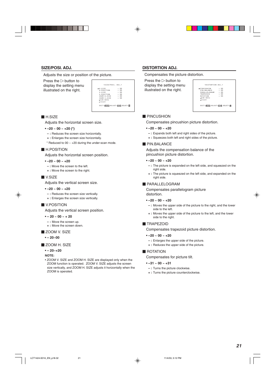 Distortion adj, Size/posi. adj | JVC DT-V1910CG User Manual | Page 21 / 228