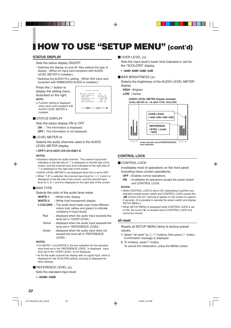How to use “setup menu, Cont'd), Control lock | All reset, Status display | JVC DT-V1910CG User Manual | Page 22 / 228