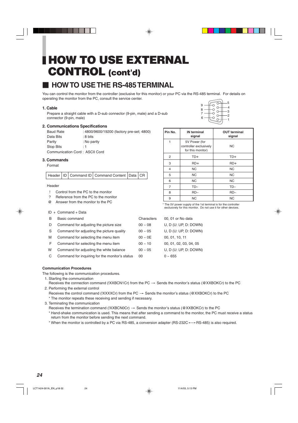 How to use external control, Cont'd), How to use the rs-485 terminal | JVC DT-V1910CG User Manual | Page 24 / 228