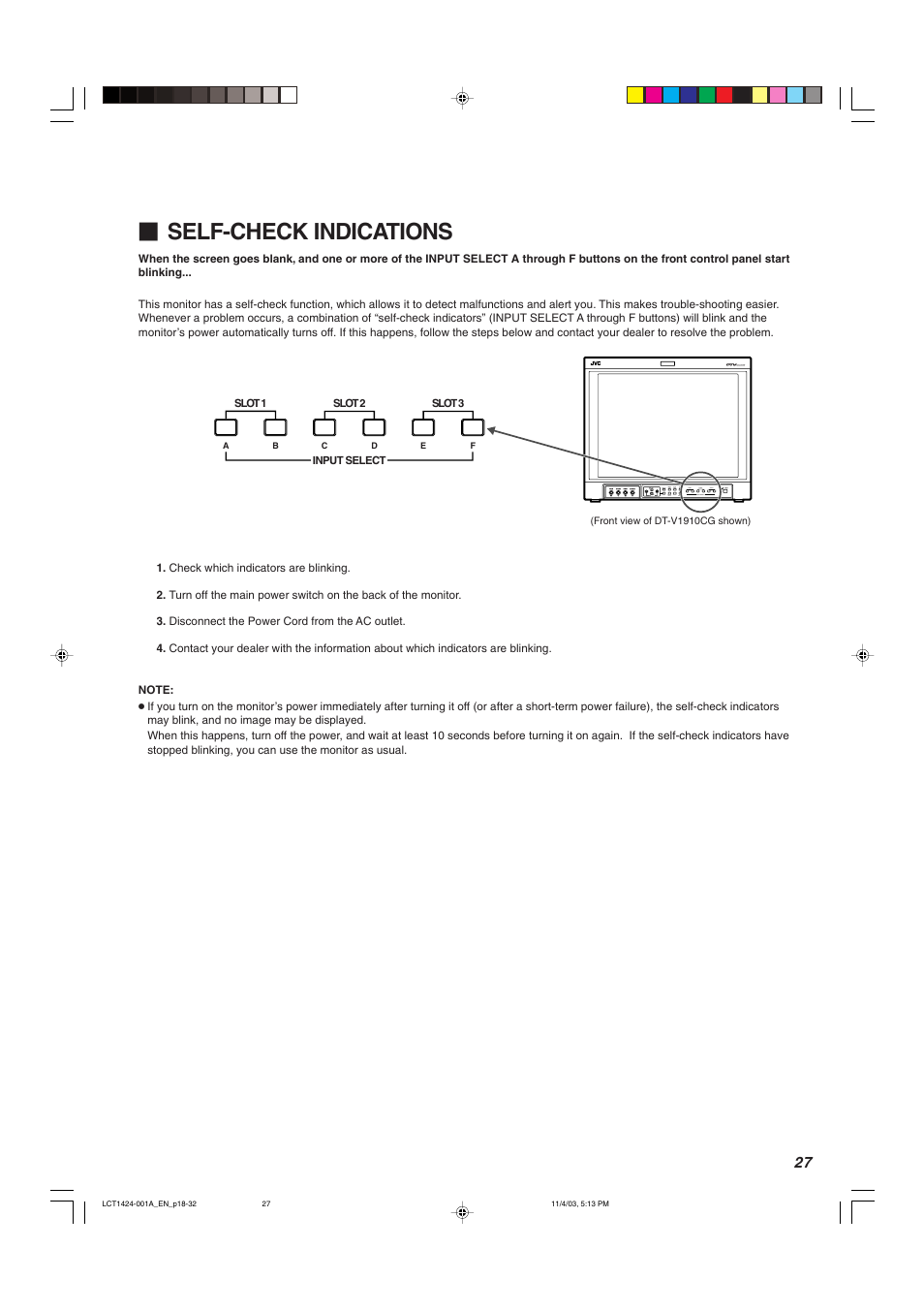 Self-check indications | JVC DT-V1910CG User Manual | Page 27 / 228