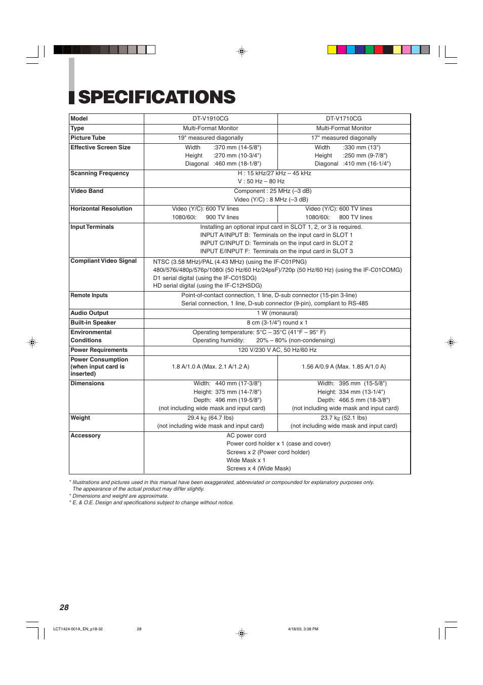 Specifications | JVC DT-V1910CG User Manual | Page 28 / 228