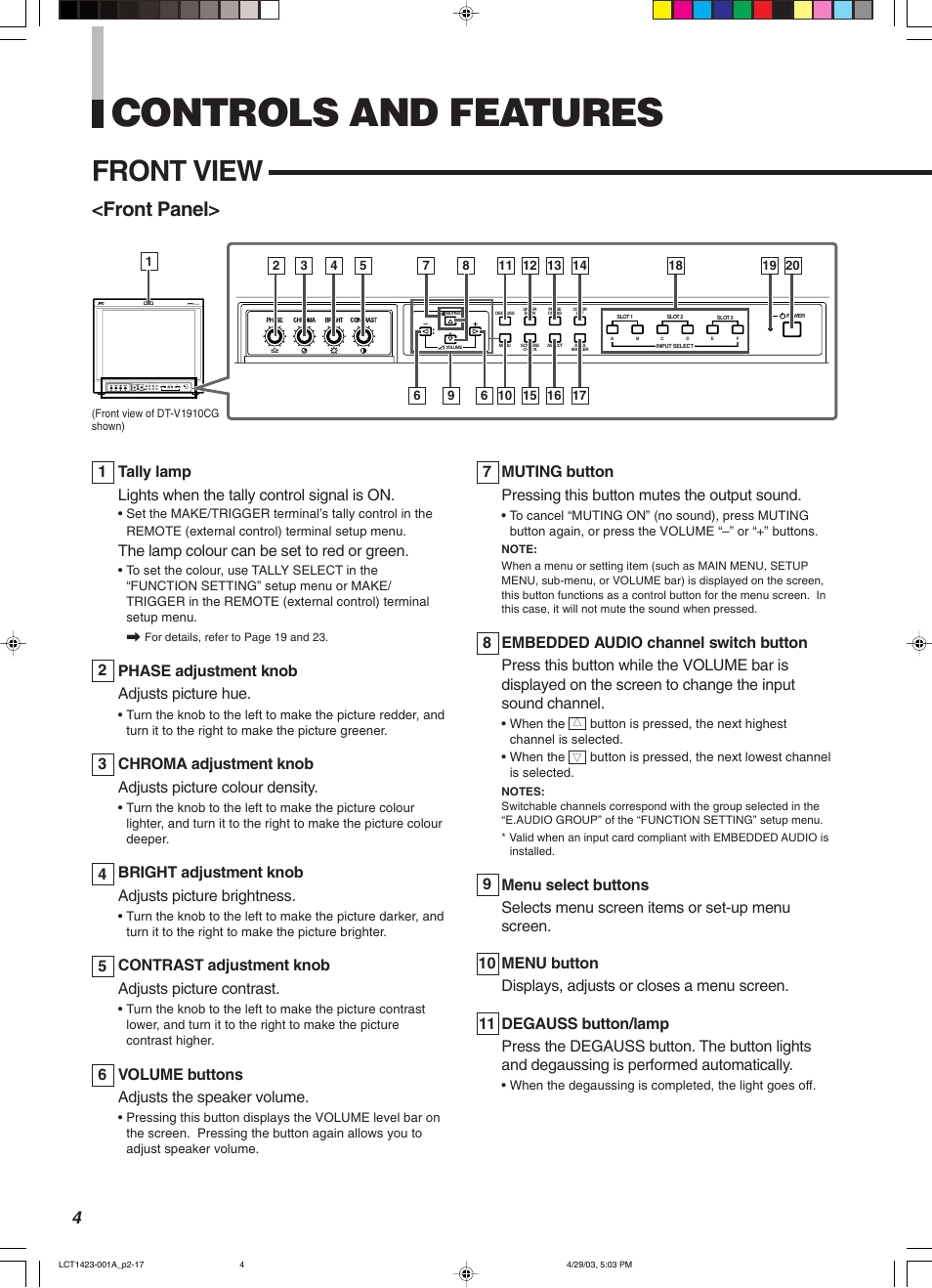 Controls and features, Front view, Front panel | JVC DT-V1910CG User Manual | Page 38 / 228