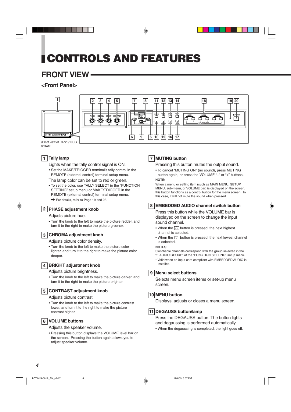 Controls and features, Front view, Front panel | JVC DT-V1910CG User Manual | Page 4 / 228