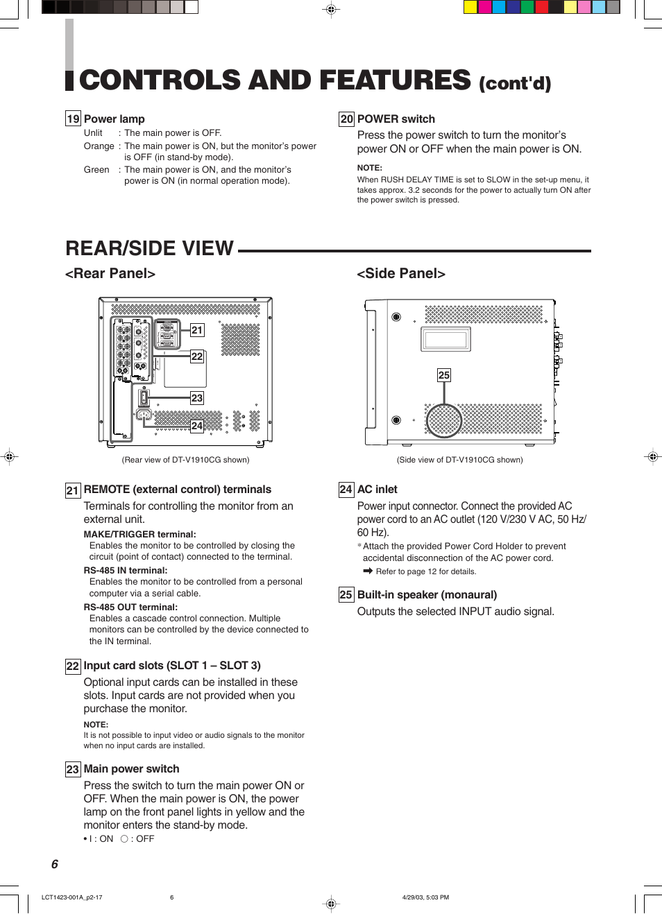 Controls and features, Rear/side view, Cont'd) | Rear panel, Side panel | JVC DT-V1910CG User Manual | Page 40 / 228