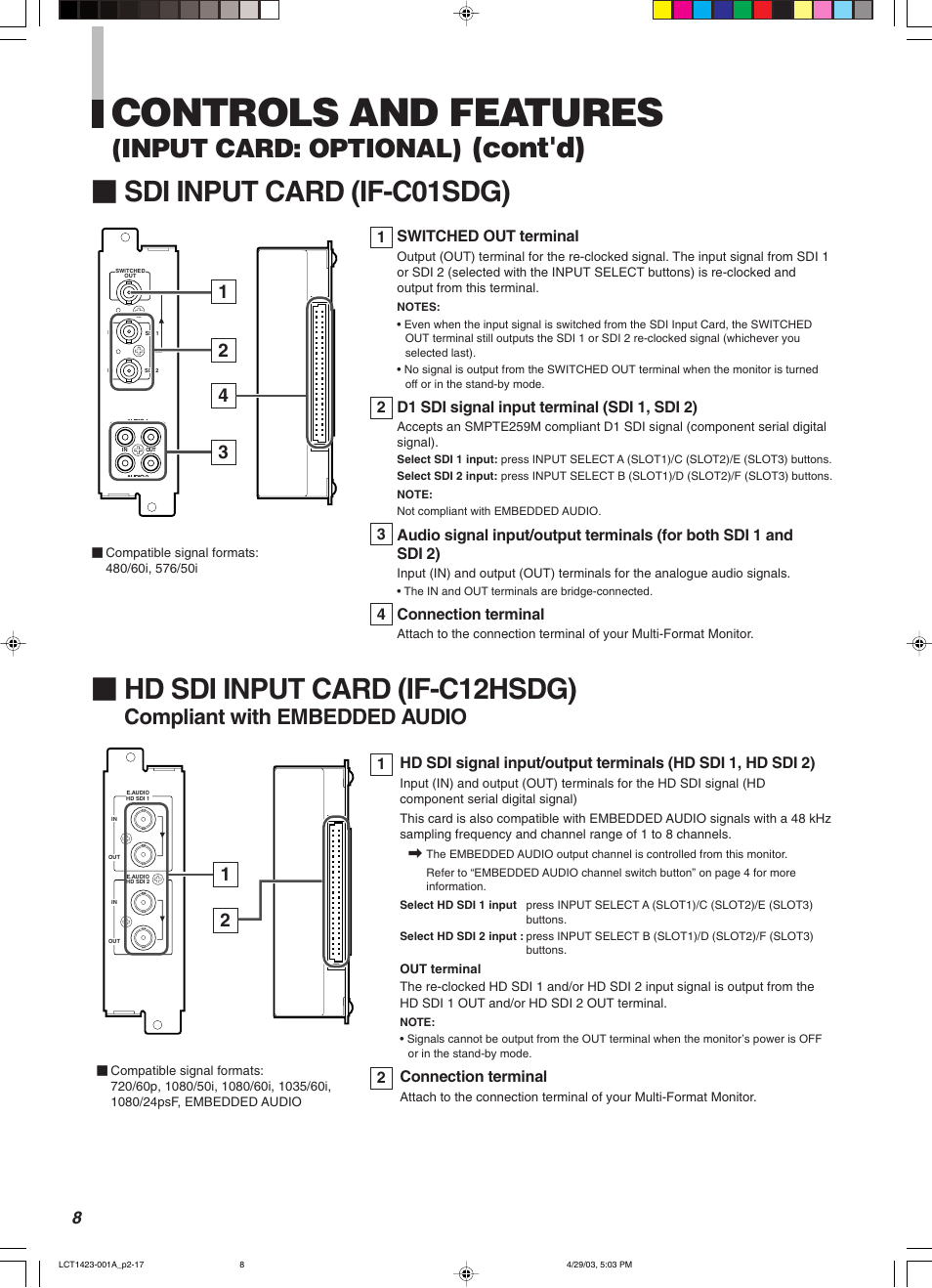 Controls and features, Hd sdi input card (if-c12hsdg), Cont'd) Ⅵ sdi input card (if-c01sdg) | Input card: optional), Compliant with embedded audio | JVC DT-V1910CG User Manual | Page 42 / 228