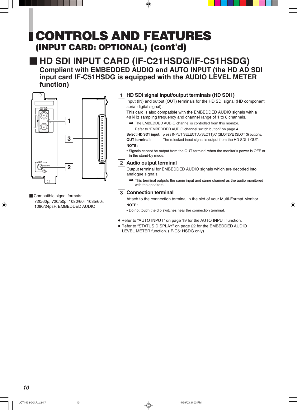 Controls and features, Hd sdi input card (if-c21hsdg/if-c51hsdg), Cont'd) | Input card: optional) | JVC DT-V1910CG User Manual | Page 44 / 228