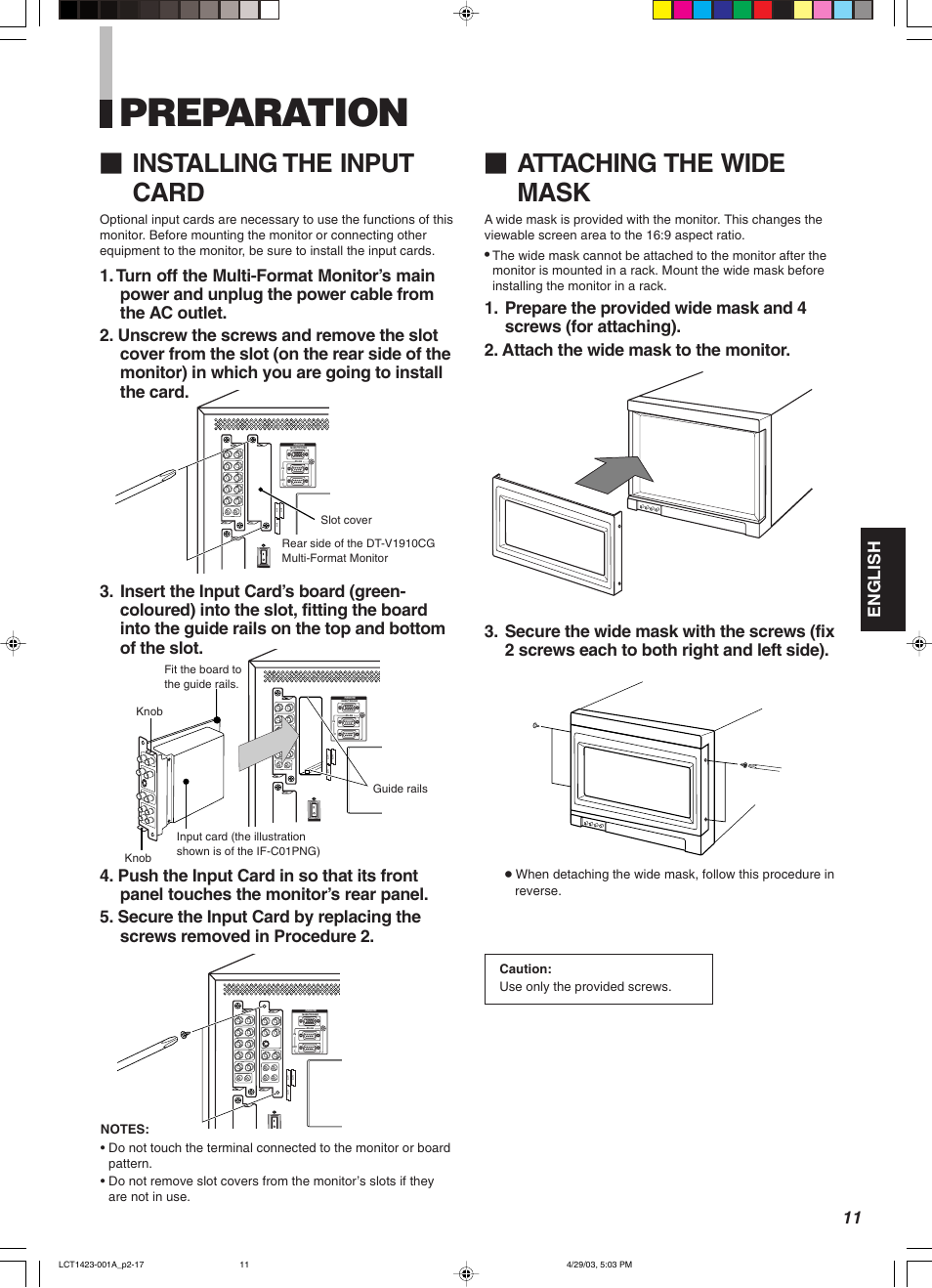 Preparation, Installing the input card, Attaching the wide mask | JVC DT-V1910CG User Manual | Page 45 / 228