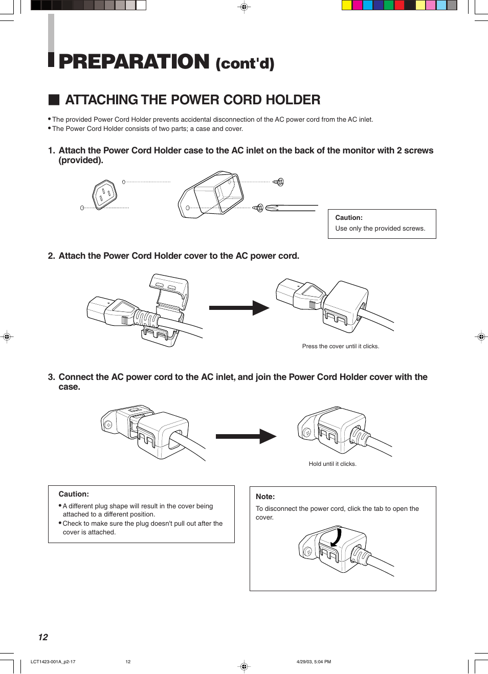 Preparation, Cont'd), Attaching the power cord holder | JVC DT-V1910CG User Manual | Page 46 / 228