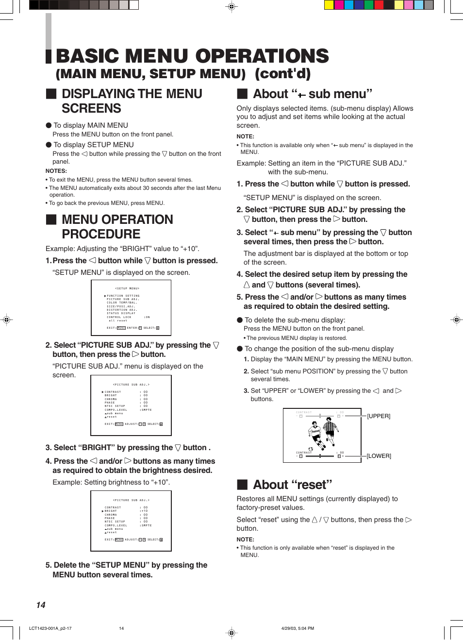 Basic menu operations, Cont'd), Displaying the menu screens | Menu operation procedure, About “ sub menu, Main menu, setup menu), About “reset | JVC DT-V1910CG User Manual | Page 48 / 228