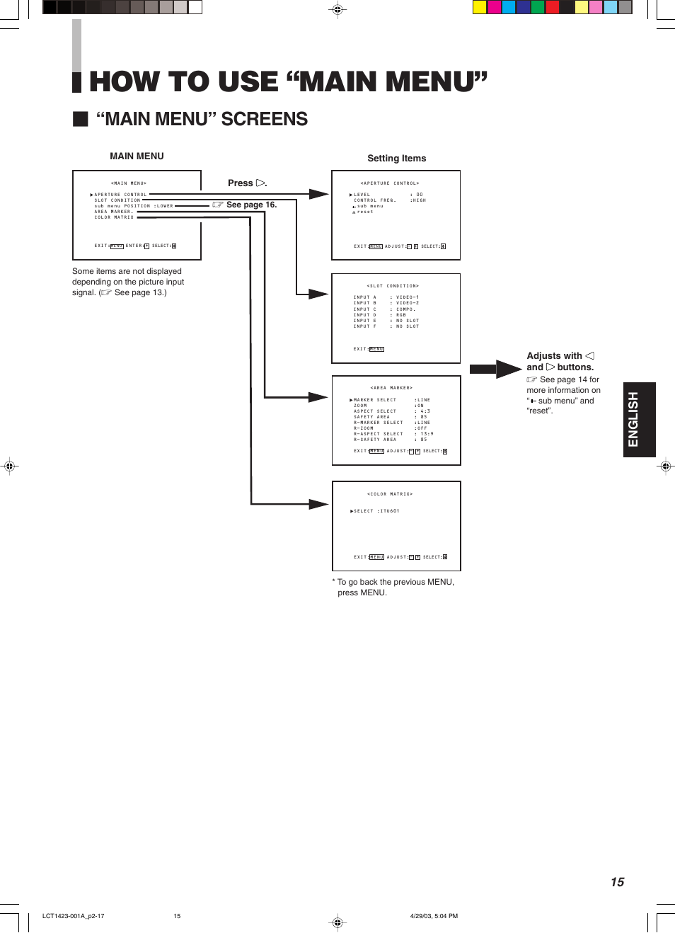 How to use “main menu, Main menu” screens, English | JVC DT-V1910CG User Manual | Page 49 / 228