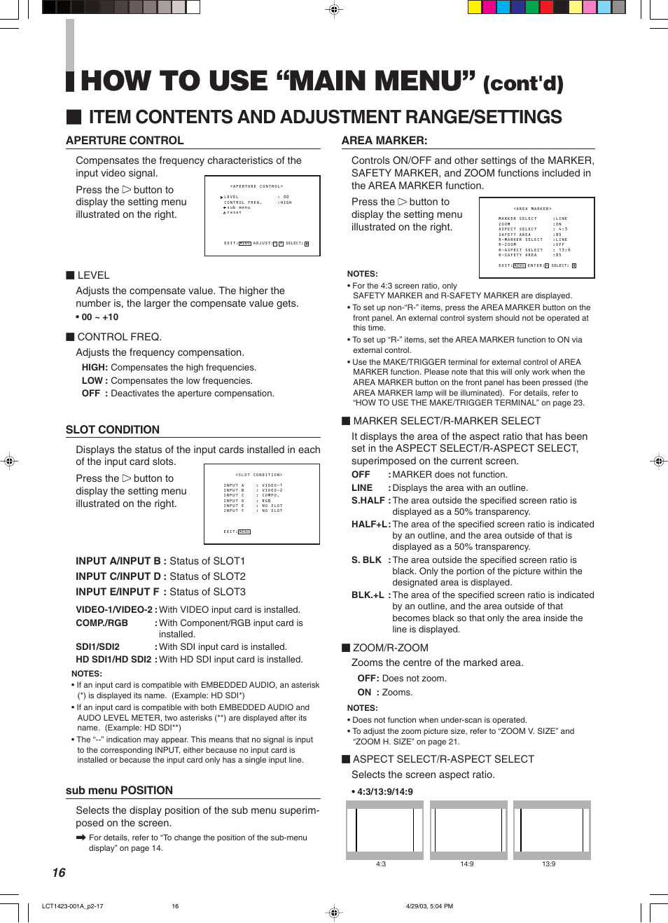 How to use “main menu, Cont'd), Item contents and adjustment range/settings | Area marker, Aperture control, Sub menu position, Slot condition | JVC DT-V1910CG User Manual | Page 50 / 228