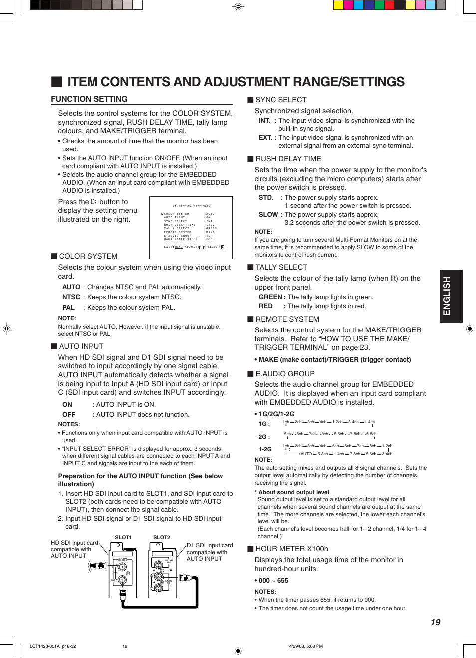 Item contents and adjustment range/settings, English, Function setting | Sync select synchronized signal selection | JVC DT-V1910CG User Manual | Page 53 / 228