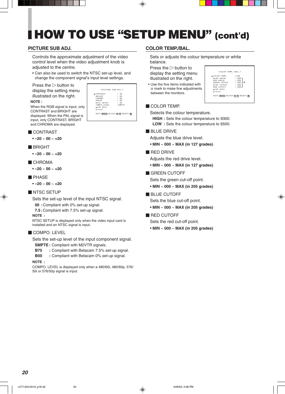 How to use “setup menu, Cont'd) | JVC DT-V1910CG User Manual | Page 54 / 228