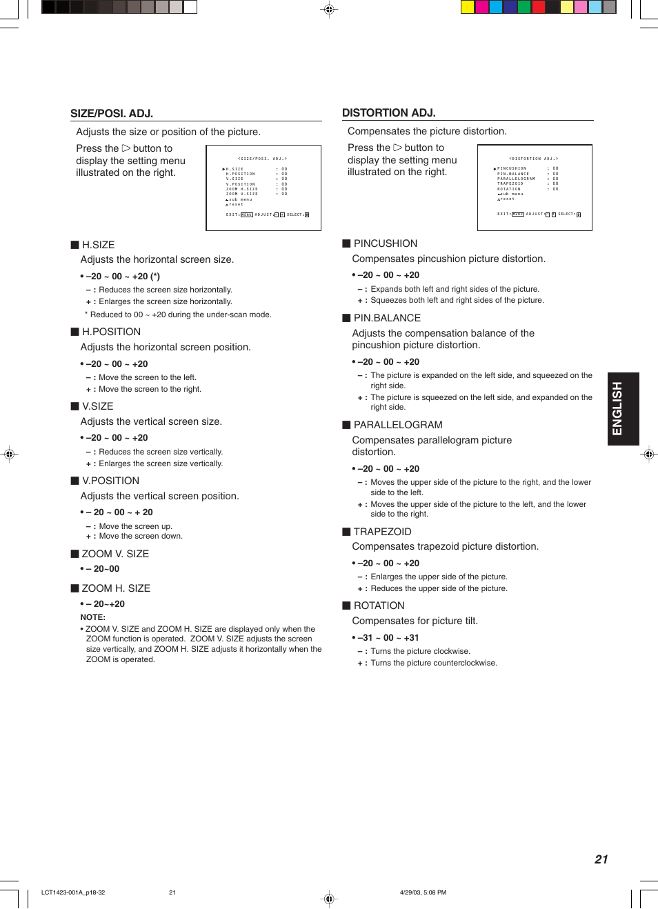 English, Distortion adj, Size/posi. adj | JVC DT-V1910CG User Manual | Page 55 / 228