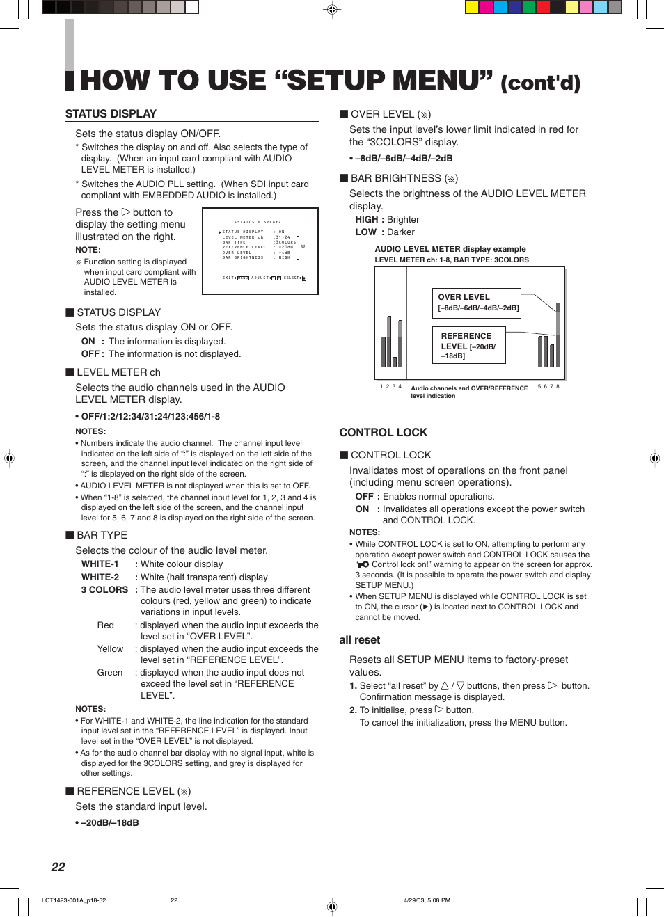 How to use “setup menu, Cont'd), Control lock | All reset, Status display | JVC DT-V1910CG User Manual | Page 56 / 228