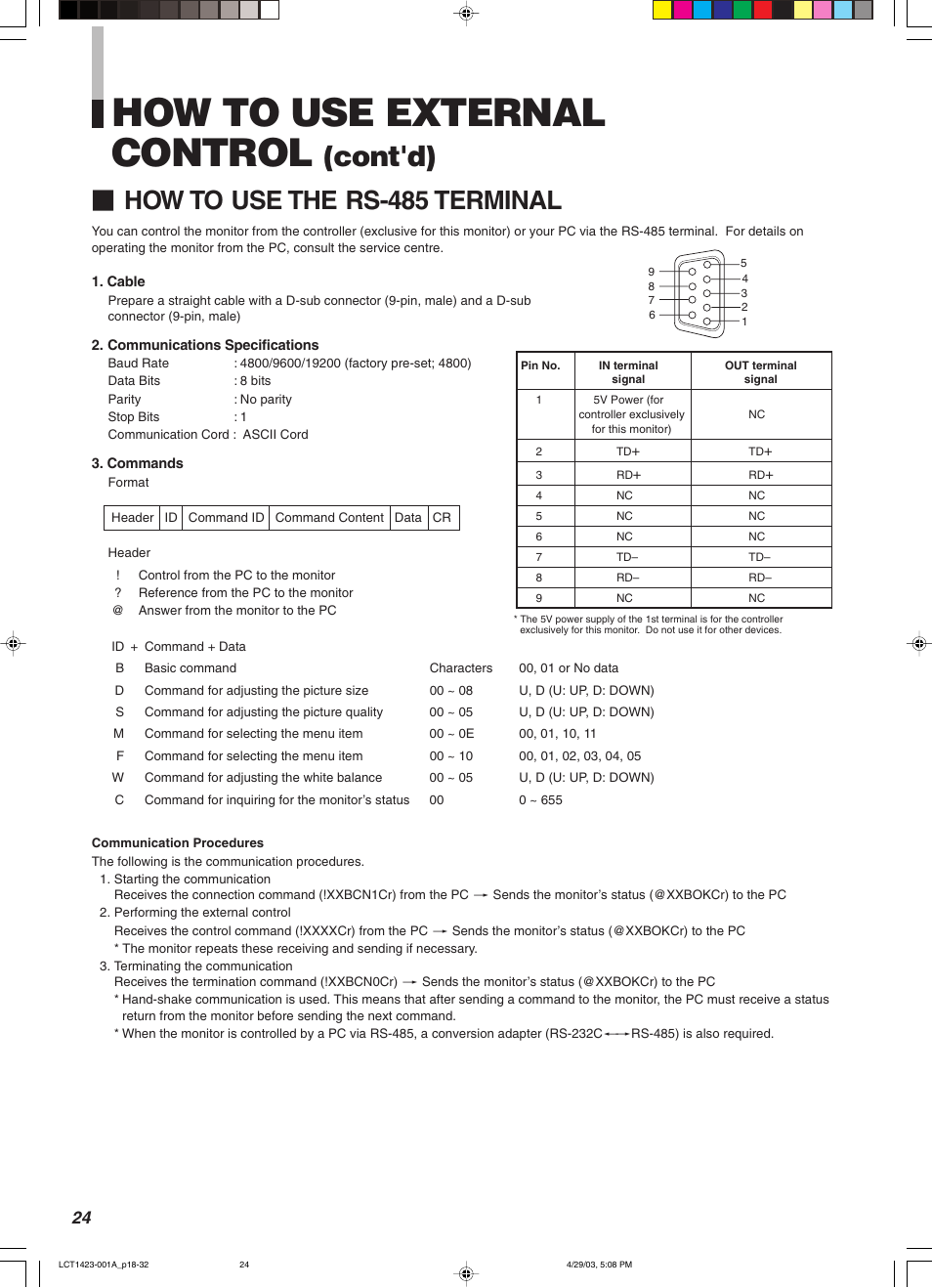 How to use external control, Cont'd), How to use the rs-485 terminal | JVC DT-V1910CG User Manual | Page 58 / 228