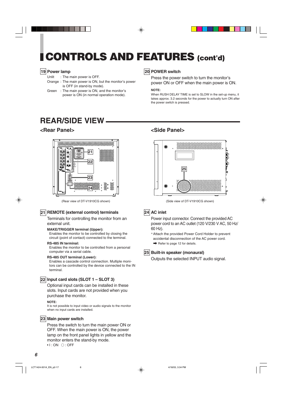 Controls and features, Rear/side view, Cont'd) | Rear panel, Side panel | JVC DT-V1910CG User Manual | Page 6 / 228