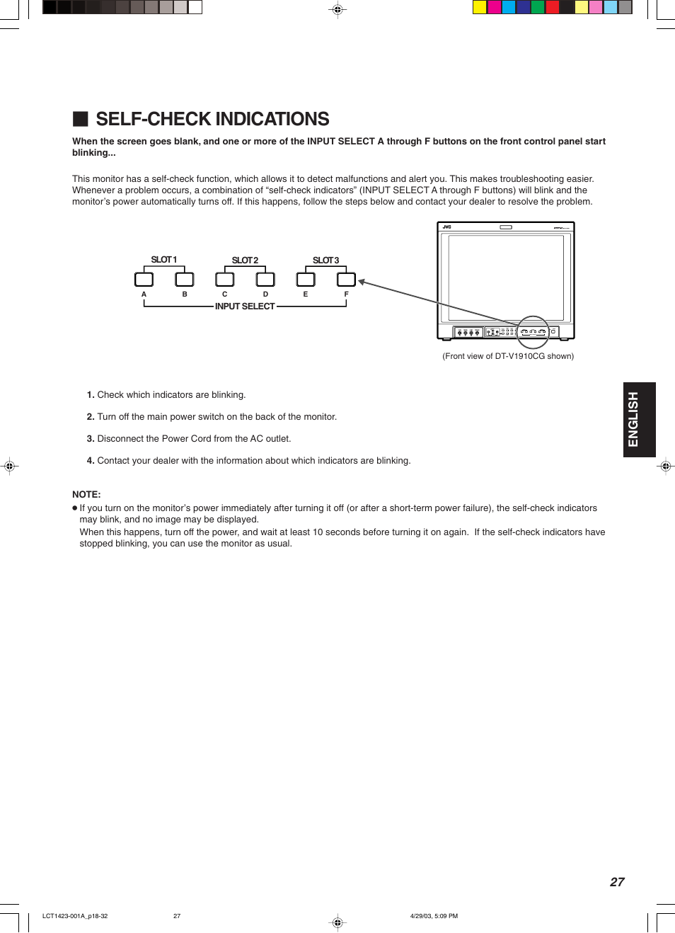 Self-check indications | JVC DT-V1910CG User Manual | Page 61 / 228